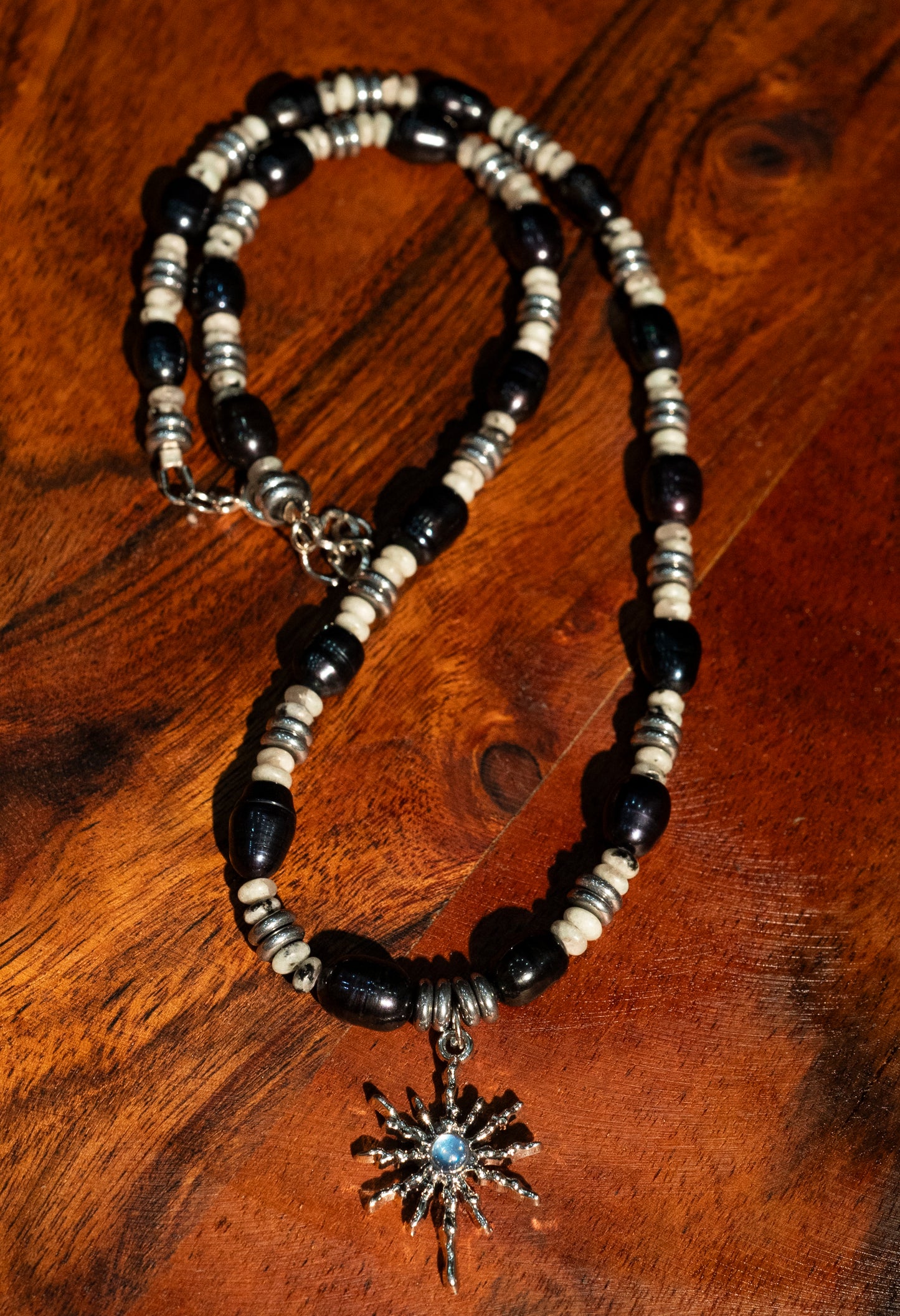 Ethereal Night: Natural Pearl & Kiwi Jasper Necklace