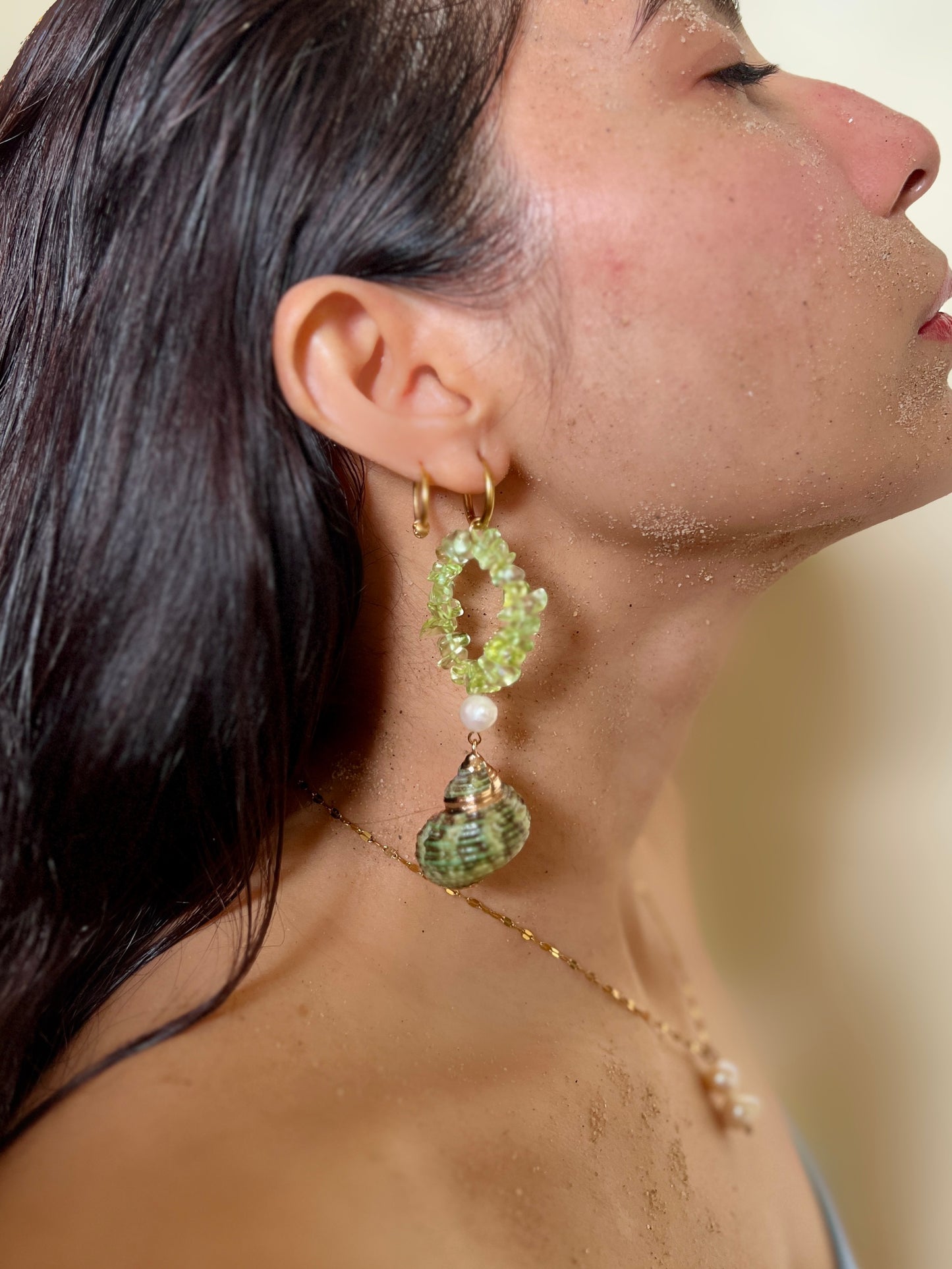Siren –Peridot, Pearls & Natural Shell Hoops