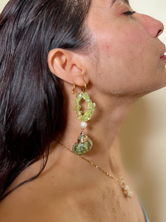 Siren –Peridot, Pearls & Natural Shell Hoops