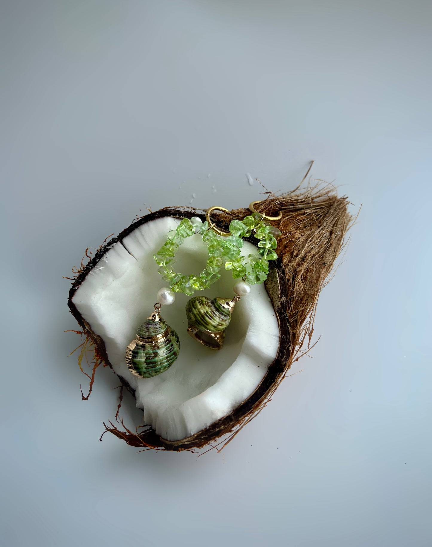 Siren –Peridot, Pearls & Natural Shell Hoops