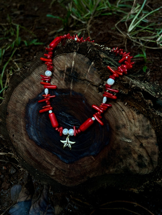 Sirena – Red Coral & Pearl Necklace with Starfish Charm